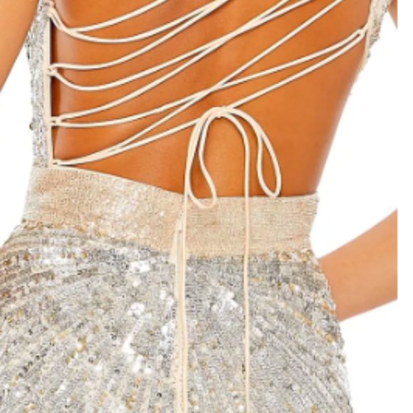 MAC DUGGAL ONE SHOULDER SEQIN BEADED LACE UP BACK NUDE SILVER GOWN sz 4 - Picture 3 of 6